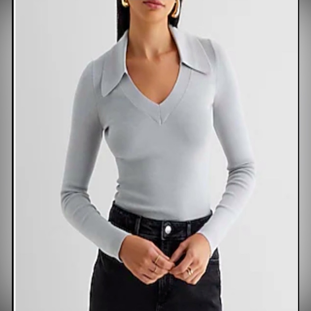 NWT Express Soft Fitted V Neck Polo Sweater, Heather Gray, Medium